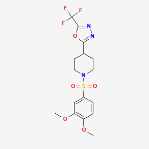 molecular formula C16H18F3N3O5S B2378289 2-(1-((3,4-Dimethoxyphenyl)sulfonyl)piperidin-4-yl)-5-(trifluoromethyl)-1,3,4-oxadiazole CAS No. 1705217-33-9