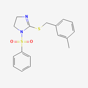 molecular formula C17H18N2O2S2 B2378306 1-(Benzenesulfonyl)-2-[(3-methylphenyl)methylsulfanyl]-4,5-dihydroimidazole CAS No. 868217-66-7