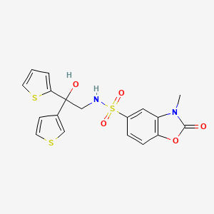 molecular formula C18H16N2O5S3 B2378343 N-(2-hydroxy-2-(thiophen-2-yl)-2-(thiophen-3-yl)ethyl)-3-methyl-2-oxo-2,3-dihydrobenzo[d]oxazole-5-sulfonamide CAS No. 2034483-23-1