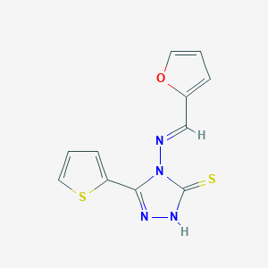 molecular formula C11H8N4OS2 B2378669 4-[(E)-[(フラン-2-イル)メチリデン]アミノ]-5-(チオフェン-2-イル)-4H-1,2,4-トリアゾール-3-チオール CAS No. 477863-23-3