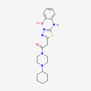molecular formula C21H29N5O2S B2378686 1-(4-Cyclohexylpiperazin-1-yl)-2-(5-((2-methoxyphenyl)amino)-1,3,4-thiadiazol-2-yl)ethanone CAS No. 1286700-23-9