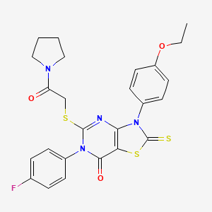 molecular formula C25H23FN4O3S3 B2378765 3-(4-Ethoxyphenyl)-6-(4-fluorophenyl)-5-(2-oxo-2-pyrrolidin-1-ylethyl)sulfanyl-2-sulfanylidene-[1,3]thiazolo[4,5-d]pyrimidin-7-one CAS No. 422299-93-2