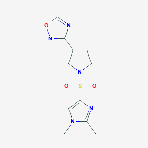 molecular formula C11H15N5O3S B2378843 3-(1-((1,2-dimethyl-1H-imidazol-4-yl)sulfonyl)pyrrolidin-3-yl)-1,2,4-oxadiazole CAS No. 2034277-73-9