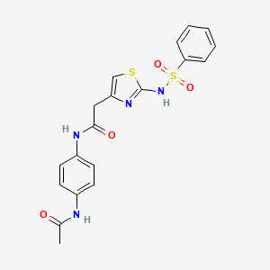 molecular formula C19H18N4O4S2 B2378870 N-(4-acetamidophenyl)-2-(2-(phenylsulfonamido)thiazol-4-yl)acetamide CAS No. 922055-39-8