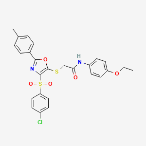molecular formula C26H23ClN2O5S2 B2378992 2-((4-((4-chlorophenyl)sulfonyl)-2-(p-tolyl)oxazol-5-yl)thio)-N-(4-ethoxyphenyl)acetamide CAS No. 850926-76-0