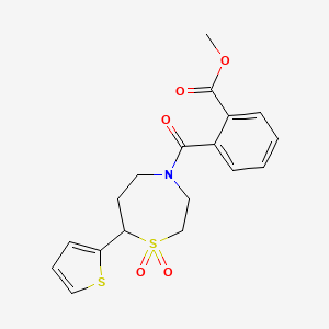 molecular formula C18H19NO5S2 B2378994 Methyl 2-(1,1-dioxido-7-(thiophen-2-yl)-1,4-thiazepane-4-carbonyl)benzoate CAS No. 2034514-12-8