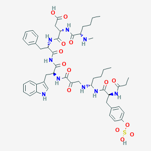 molecular formula C11H12Cl2N2O5 B237903 (3S)-4-[[(2S)-1-[[(2S)-3-(1H-indol-3-yl)-2-[[2-oxo-3-[[(1S)-1-[[(2S)-2-(propanoylamino)-3-(4-sulfooxyphenyl)propanoyl]amino]pentyl]amino]propanoyl]amino]propanoyl]amino]-1-oxo-3-phenylpropan-2-yl]amino]-3-[[(2S)-2-(methylamino)hexanoyl]amino]-4-oxobutanoic acid CAS No. 131167-65-2