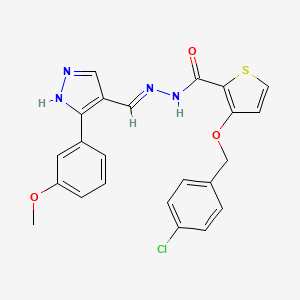 molecular formula C23H19ClN4O3S B2379168 3-[(4-chlorophenyl)methoxy]-N'-[(1E)-[3-(3-methoxyphenyl)-1H-pyrazol-4-yl]methylidene]thiophene-2-carbohydrazide CAS No. 477712-48-4