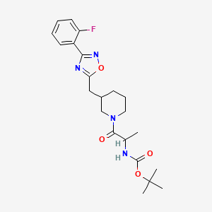 molecular formula C22H29FN4O4 B2379224 Tert-butyl (1-(3-((3-(2-fluorophenyl)-1,2,4-oxadiazol-5-yl)methyl)piperidin-1-yl)-1-oxopropan-2-yl)carbamate CAS No. 1704487-42-2