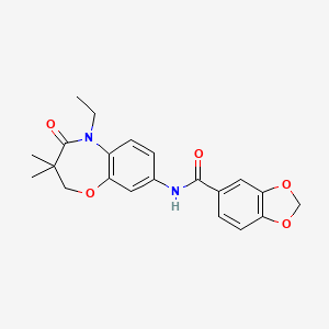 molecular formula C21H22N2O5 B2379286 N-(5-乙基-3,3-二甲基-4-氧代-2,3,4,5-四氢苯并[b][1,4]恶杂环庚-8-基)苯并[d][1,3]二氧杂环-5-甲酰胺 CAS No. 921524-20-1