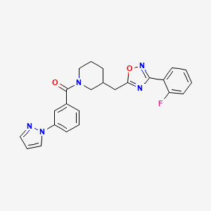molecular formula C24H22FN5O2 B2379302 (3-(1H-pyrazol-1-yl)phenyl)(3-((3-(2-fluorophenyl)-1,2,4-oxadiazol-5-yl)methyl)piperidin-1-yl)methanone CAS No. 1705242-94-9