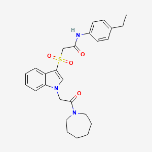 molecular formula C26H31N3O4S B2379310 2-((1-(2-(氮杂环-1-基)-2-氧代乙基)-1H-吲哚-3-基)磺酰基)-N-(4-乙基苯基)乙酰胺 CAS No. 878058-99-2