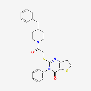 molecular formula C26H27N3O2S2 B2379354 2-[2-(4-Benzylpiperidin-1-yl)-2-oxoethyl]sulfanyl-3-phenyl-6,7-dihydrothieno[3,2-d]pyrimidin-4-one CAS No. 850915-16-1