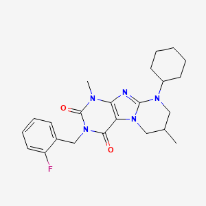 molecular formula C23H28FN5O2 B2379380 9-cyclohexyl-3-(2-fluorobenzyl)-1,7-dimethyl-6,7,8,9-tetrahydropyrimido[2,1-f]purine-2,4(1H,3H)-dione CAS No. 877616-45-0