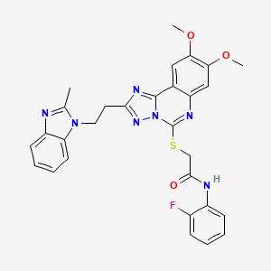 molecular formula C29H26FN7O3S B2379381 2-((8,9-dimethoxy-2-(2-(2-methyl-1H-benzo[d]imidazol-1-yl)ethyl)-[1,2,4]triazolo[1,5-c]quinazolin-5-yl)thio)-N-(2-fluorophenyl)acetamide CAS No. 901877-36-9