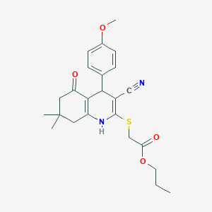 molecular formula C24H28N2O4S B2379387 丙基{[3-氰基-5-羟基-4-(4-甲氧基苯基)-7,7-二甲基-4,6,7,8-四氢喹啉-2-基]硫代}乙酸酯 CAS No. 799799-82-9