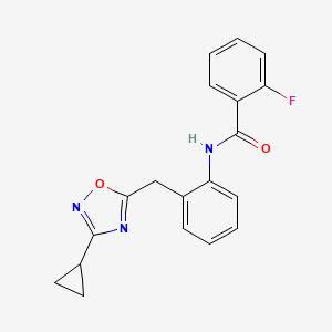 molecular formula C19H16FN3O2 B2379482 N-(2-((3-cyclopropyl-1,2,4-oxadiazol-5-yl)methyl)phenyl)-2-fluorobenzamide CAS No. 1787915-47-2