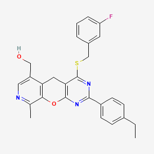 molecular formula C27H24FN3O2S B2379490 {2-(4-ethylphenyl)-4-[(3-fluorobenzyl)thio]-9-methyl-5H-pyrido[4',3':5,6]pyrano[2,3-d]pyrimidin-6-yl}methanol CAS No. 892415-73-5