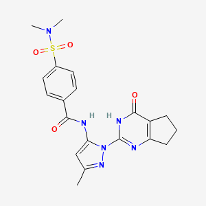 molecular formula C20H22N6O4S B2379560 4-(N,N-二甲基氨磺酰基)-N-(3-甲基-1-(4-氧代-4,5,6,7-四氢-3H-环戊[d]嘧啶-2-基)-1H-吡唑-5-基)苯甲酰胺 CAS No. 1005947-03-4