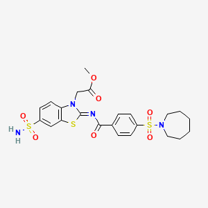 molecular formula C23H26N4O7S3 B2379577 (Z)-methyl 2-(2-((4-(azepan-1-ylsulfonyl)benzoyl)imino)-6-sulfamoylbenzo[d]thiazol-3(2H)-yl)acetate CAS No. 865198-83-0