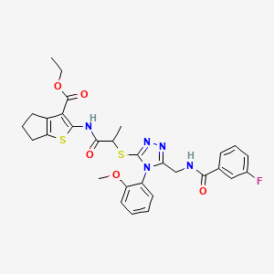 molecular formula C30H30FN5O5S2 B2379676 ethyl 2-[2-[[5-[[(3-fluorobenzoyl)amino]methyl]-4-(2-methoxyphenyl)-1,2,4-triazol-3-yl]sulfanyl]propanoylamino]-5,6-dihydro-4H-cyclopenta[b]thiophene-3-carboxylate CAS No. 393817-80-6