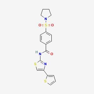 molecular formula C18H17N3O3S3 B2379713 4-(pyrrolidin-1-ylsulfonyl)-N-(4-(thiophen-2-yl)thiazol-2-yl)benzamide CAS No. 321555-36-6