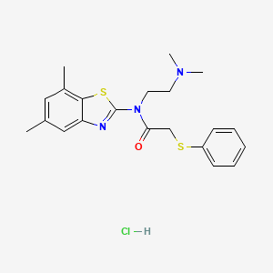 molecular formula C21H26ClN3OS2 B2379760 N-(2-(dimethylamino)ethyl)-N-(5,7-dimethylbenzo[d]thiazol-2-yl)-2-(phenylthio)acetamide hydrochloride CAS No. 1216616-05-5