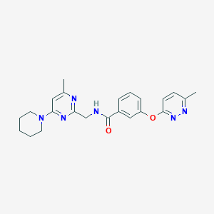 molecular formula C23H26N6O2 B2379820 N-((4-methyl-6-(piperidin-1-yl)pyrimidin-2-yl)methyl)-3-((6-methylpyridazin-3-yl)oxy)benzamide CAS No. 1797968-51-4
