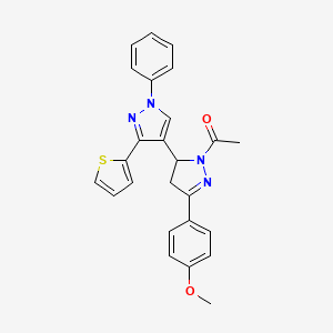 molecular formula C25H22N4O2S B2379829 1-(5-(4-methoxyphenyl)-1'-phenyl-3'-(thiophen-2-yl)-3,4-dihydro-1'H,2H-[3,4'-bipyrazol]-2-yl)ethanone CAS No. 876941-22-9