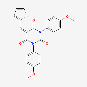 molecular formula C23H18N2O5S B2379908 1,3-Bis(4-methoxyphenyl)-5-(thiophen-2-ylmethylidene)-1,3-diazinane-2,4,6-trione CAS No. 1023798-45-9