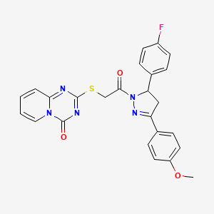 molecular formula C25H20FN5O3S B2379938 2-((2-(5-(4-fluorophenyl)-3-(4-methoxyphenyl)-4,5-dihydro-1H-pyrazol-1-yl)-2-oxoethyl)thio)-4H-pyrido[1,2-a][1,3,5]triazin-4-one CAS No. 896329-71-8