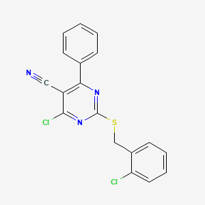 molecular formula C18H11Cl2N3S B2379967 4-Chloro-2-[(2-chlorobenzyl)sulfanyl]-6-phenyl-5-pyrimidinecarbonitrile CAS No. 303985-10-6