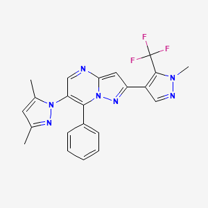 molecular formula C22H18F3N7 B2379972 6-(3,5-dimethyl-1H-pyrazol-1-yl)-2-[1-methyl-5-(trifluoromethyl)-1H-pyrazol-4-yl]-7-phenylpyrazolo[1,5-a]pyrimidine CAS No. 956502-21-9