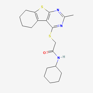 molecular formula C19H25N3OS2 B2379979 N-环己基-2-[(2-甲基-5,6,7,8-四氢-[1]苯并噻吩并[2,3-d]嘧啶-4-基)硫代]乙酰胺 CAS No. 326025-83-6