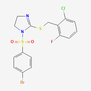 molecular formula C16H13BrClFN2O2S2 B2379995 1-(4-Bromophenyl)sulfonyl-2-[(2-chloro-6-fluorophenyl)methylsulfanyl]-4,5-dihydroimidazole CAS No. 868217-57-6