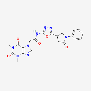 molecular formula C21H20N8O5 B2380001 2-(1,3-Dimethyl-2,6-dioxopurin-7-yl)-N-[5-(5-oxo-1-phenylpyrrolidin-3-yl)-1,3,4-oxadiazol-2-yl]acetamide CAS No. 1286698-97-2