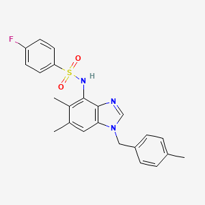 molecular formula C23H22FN3O2S B2380003 N-[5,6-dimethyl-1-(4-methylbenzyl)-1H-1,3-benzimidazol-4-yl]-4-fluorobenzenesulfonamide CAS No. 338422-94-9