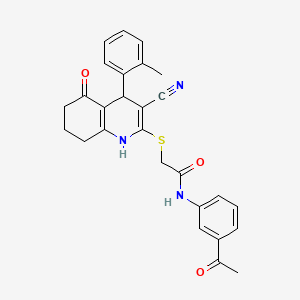 molecular formula C27H25N3O3S B2380006 N-(3-acetylphenyl)-2-{[3-cyano-5-hydroxy-4-(2-methylphenyl)-4,6,7,8-tetrahydroquinolin-2-yl]sulfanyl}acetamide CAS No. 370855-46-2