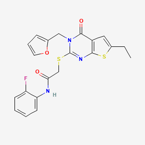 molecular formula C21H18FN3O3S2 B2380016 2-[6-ethyl-3-(furan-2-ylmethyl)-4-oxothieno[2,3-d]pyrimidin-2-yl]sulfanyl-N-(2-fluorophenyl)acetamide CAS No. 878683-18-2