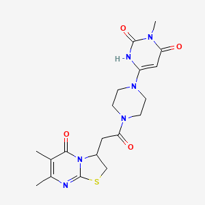 molecular formula C19H24N6O4S B2380079 6-[4-[2-(6,7-Dimethyl-5-oxo-2,3-dihydro-[1,3]thiazolo[3,2-a]pyrimidin-3-yl)acetyl]piperazin-1-yl]-3-methyl-1H-pyrimidine-2,4-dione CAS No. 2309572-20-9