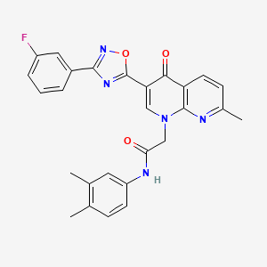 molecular formula C27H22FN5O3 B2380088 N-(3,4-dimethylphenyl)-2-(3-(3-(3-fluorophenyl)-1,2,4-oxadiazol-5-yl)-7-methyl-4-oxo-1,8-naphthyridin-1(4H)-yl)acetamide CAS No. 1112332-32-7