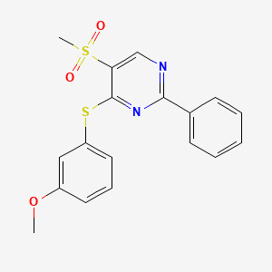 molecular formula C18H16N2O3S2 B2380107 4-[(3-Methoxyphenyl)sulfanyl]-2-phenyl-5-pyrimidinyl methyl sulfone CAS No. 339106-23-9