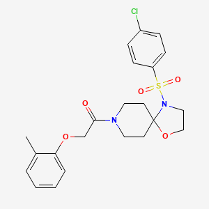 molecular formula C22H25ClN2O5S B2380108 4-[(4-Chlorophenyl)sulfonyl]-8-[(2-methylphenoxy)acetyl]-1-oxa-4,8-diazaspiro[4.5]decane CAS No. 923107-39-5