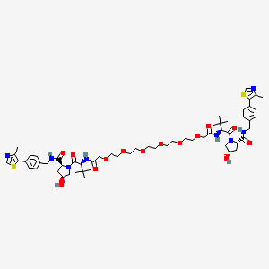 molecular formula C58H82N8O14S2 B2380140 (2S,4S)-4-Hydroxy-1-[(2S)-2-[[2-[2-[2-[2-[2-[2-[2-[[(2S)-1-[(2S,4S)-4-hydroxy-2-[[4-(4-methyl-1,3-thiazol-5-yl)phenyl]methylcarbamoyl]pyrrolidin-1-yl]-3,3-dimethyl-1-oxobutan-2-yl]amino]-2-oxoethoxy]ethoxy]ethoxy]ethoxy]ethoxy]ethoxy]acetyl]amino]-3,3-dimethylbutanoyl]-N-[[4-(4-methyl-1,3-thiazol-5-yl)phenyl]methyl]pyrrolidine-2-carboxamide CAS No. 2244684-50-0