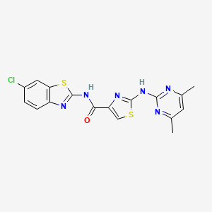 molecular formula C17H13ClN6OS2 B2380156 N-(6-chlorobenzo[d]thiazol-2-yl)-2-((4,6-dimethylpyrimidin-2-yl)amino)thiazole-4-carboxamide CAS No. 1251563-74-2
