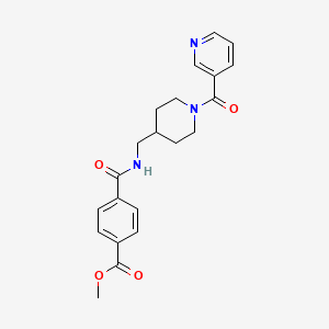 molecular formula C21H23N3O4 B2380208 Methyl 4-(((1-nicotinoylpiperidin-4-yl)methyl)carbamoyl)benzoate CAS No. 1396876-90-6