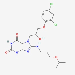 molecular formula C21H27Cl2N5O5 B2380218 7-(3-(2,4-dichlorophenoxy)-2-hydroxypropyl)-8-((3-isopropoxypropyl)amino)-3-methyl-1H-purine-2,6(3H,7H)-dione CAS No. 923684-97-3
