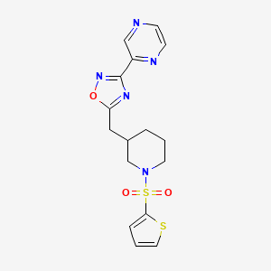 molecular formula C16H17N5O3S2 B2380221 3-(Pyrazin-2-yl)-5-((1-(thiophen-2-ylsulfonyl)piperidin-3-yl)methyl)-1,2,4-oxadiazole CAS No. 1706106-13-9