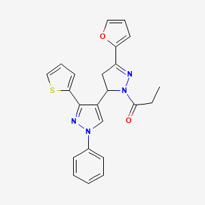 molecular formula C23H20N4O2S B2380233 5-(2-furyl)-1'-phenyl-2-propionyl-3'-(2-thienyl)-3,4-dihydro-1'H,2H-3,4'-bipyrazole CAS No. 956521-45-2