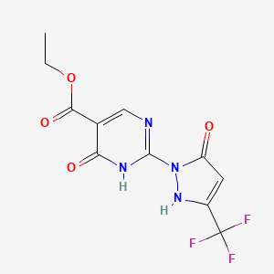 molecular formula C11H9F3N4O4 B2380255 6-氧代-2-[5-氧代-3-(三氟甲基)-2,5-二氢-1H-吡唑-1-基]-1,6-二氢-5-嘧啶甲酸乙酯 CAS No. 866145-60-0